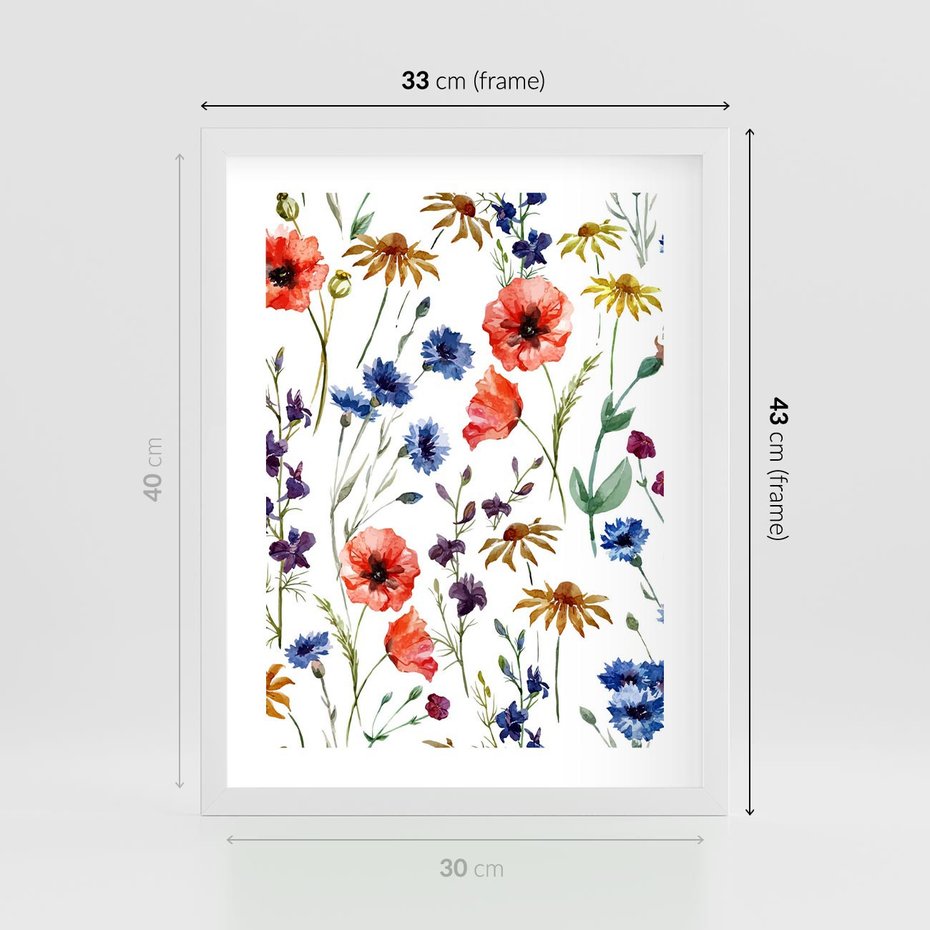 Plakat w ramie 30x40 - Kwiatowe radości na łące - kwiaty, łączka - rama biała