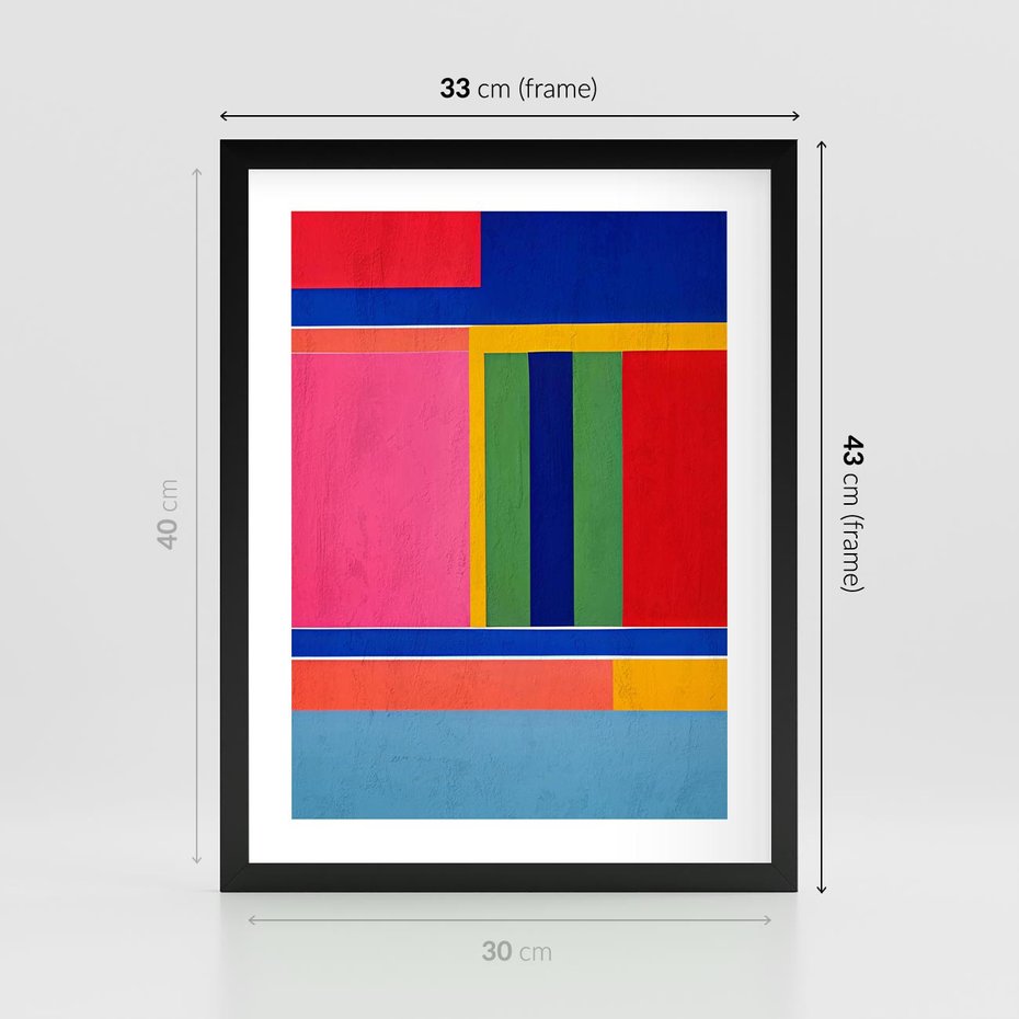 Plakat w ramie 30x40 - Wnętrza Rozplątanych Barw - abstrakcyjny geometryczny obraz olejny, kolorowe pasy - rama czarna