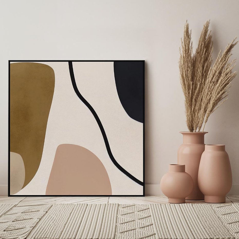 Obraz w ramie 50x50 - Harmonia chaosu i porządku - abstrakcyjne kształty, kolory beżu i brązu - rama czarna