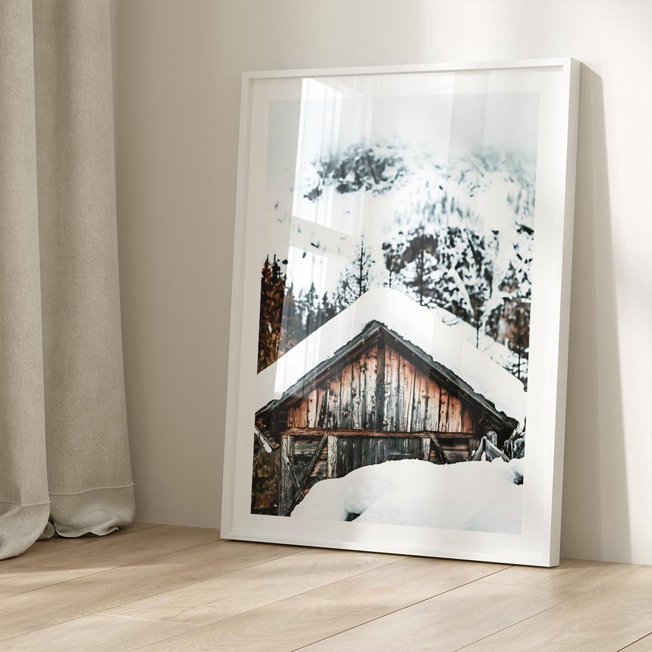 Plakat bez ramy 21x30 - Domek w Górach w Białym Odcieniu - zima, domek w górach