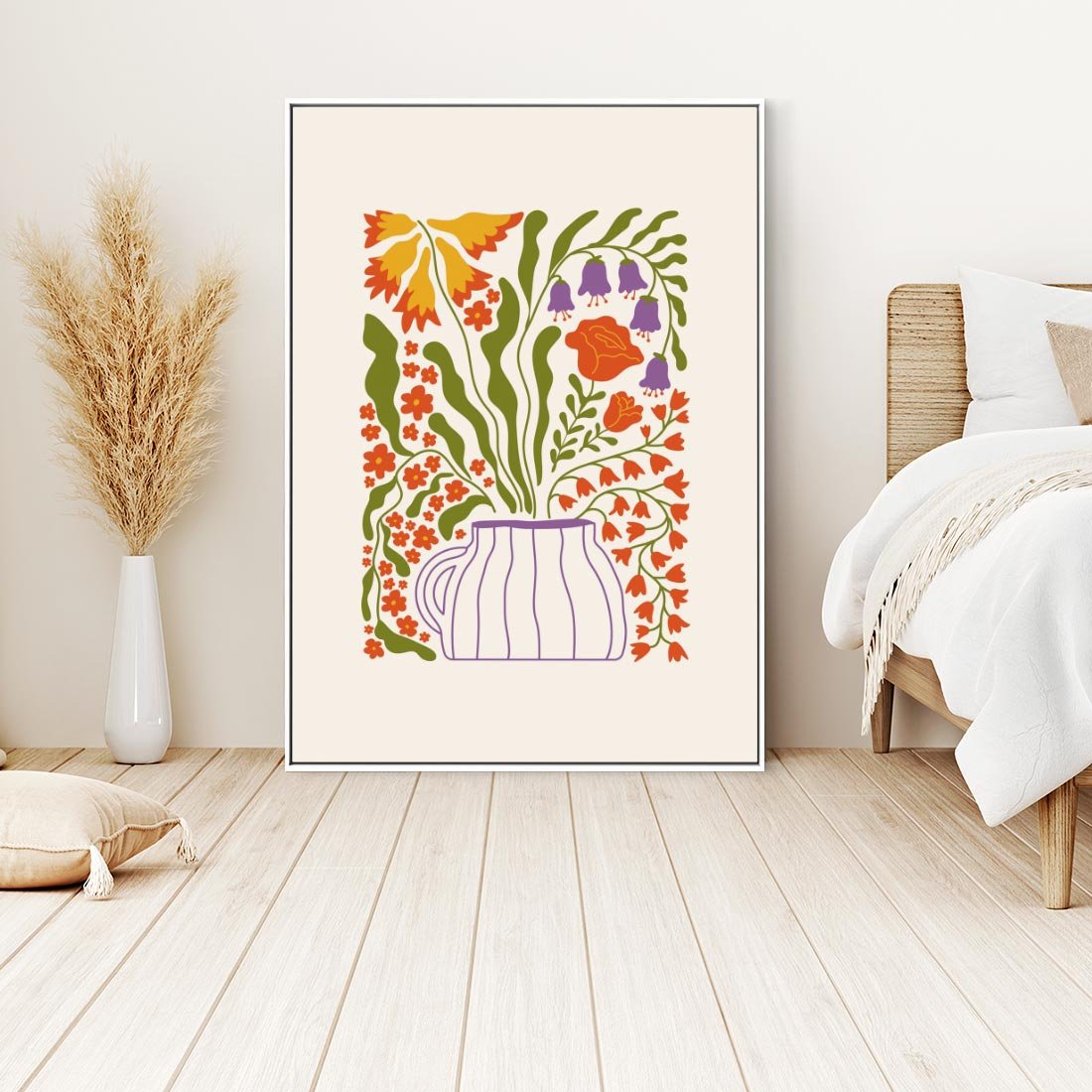 Obraz w ramie 80x120 - Świeżość Kwiatów - kwiaty w wazonie, minimalistyczna kompozycja - rama biała