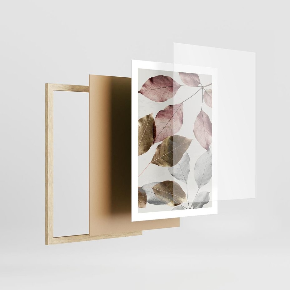 Plakat w ramie 50x70 - Pastelowe Liście z Nutką Złota - liście, pastelowe kolory - rama drewno