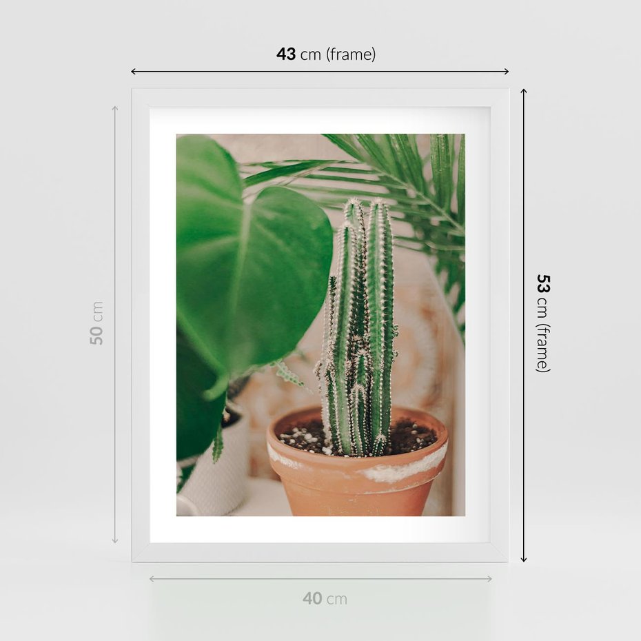 Plakat w ramie 40x50 - Boho Urok - kaktus w doniczce, gliniana doniczka - rama biała