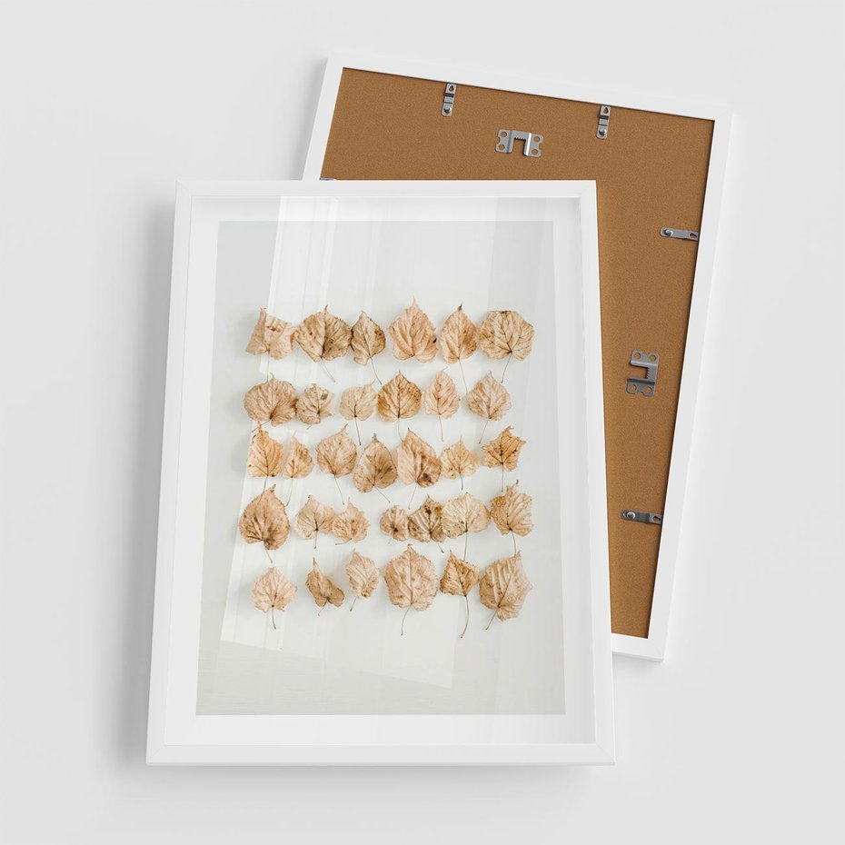 Plakat w ramie 50x70 - Liście Złotego Sezonu - kompozycja z suchych żółtych liści - rama biała