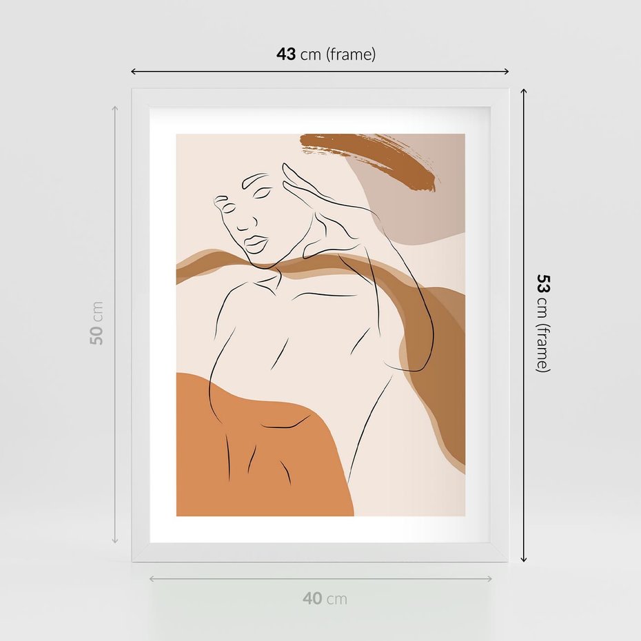 Plakat w ramie 40x50 - Sztuka Piękna w Beżach i Brązach - szkic jedną linią, naga kobieta - rama biała