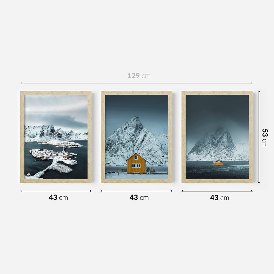 Zestaw obrazy w ramie 40x50 galeria - Norwegia, skandynawski, domek, góry - rama drewno