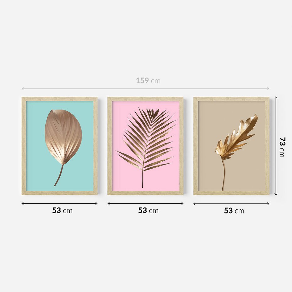 Zestaw obrazy w ramie 50x70 galeria - Złote, liście, palma, pastelowe, gold - rama drewno