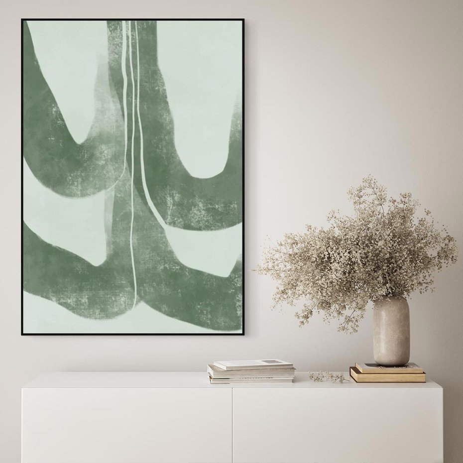 Obraz w ramie 50x70 - Nurtująca Kompozycja Zieleni - abstrakcyjne delikatne zielone linie, podobne do gałęzi kwiatów - rama czarna