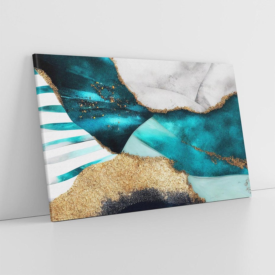 Obraz na płótnie 70x50 - Rozlane Turkusy - Turkusowe plamy, złote elementy