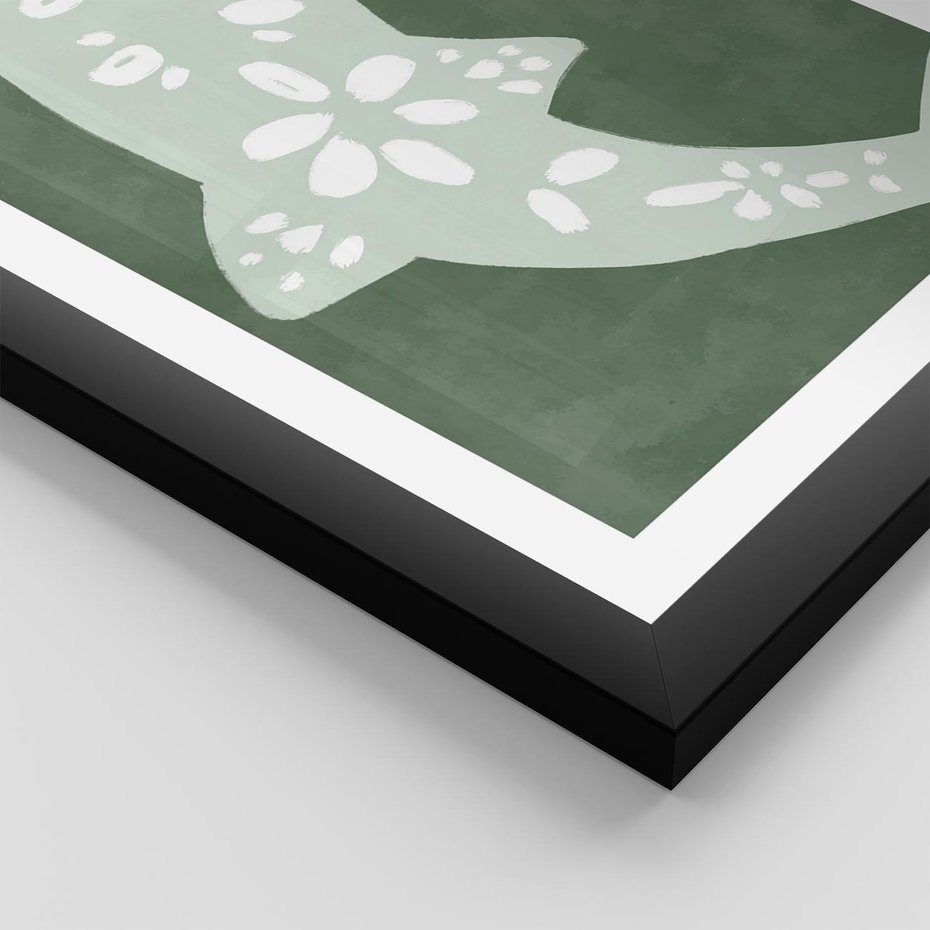 Plakat w ramie 30x40 - Migotliwe Wibracje Zieleni - zielony plakat, abstrakcja przypominająca rybę - rama czarna