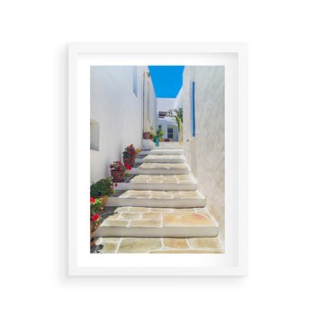 Plakat w ramie 50x70 - Urok Greckiej Uliczki - grecka, uliczka - rama biała