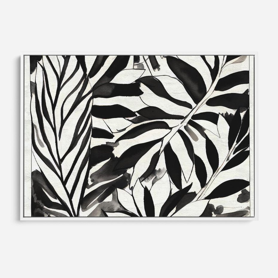 Obraz w ramie 70x50 - Czarne Liście - akwarelowy obraz, czarno biały - rama biała