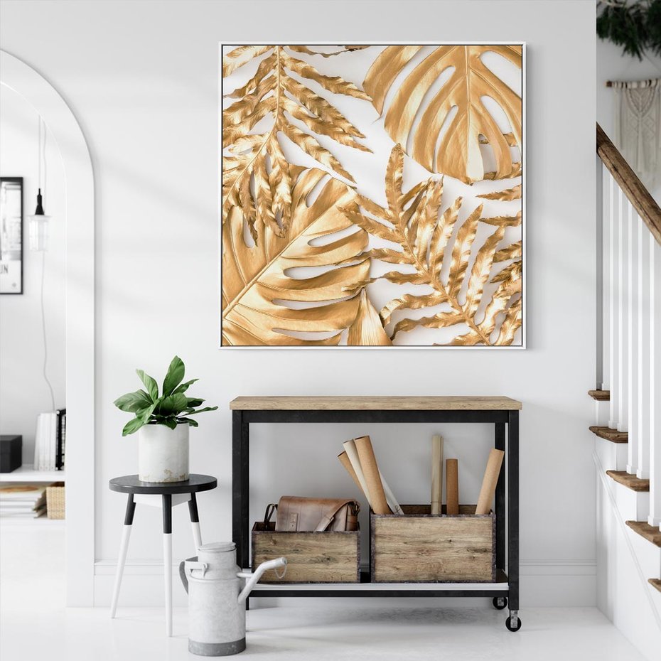 Obraz w ramie 50x50 - Monstera Złote Liście - monstera, złote - rama biała