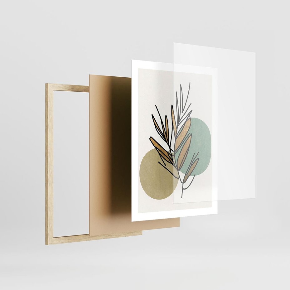 Plakat w ramie 50x70 - Migocące Ścieżki Wizji - abstrakcyjny obraz boho, liście - rama drewno