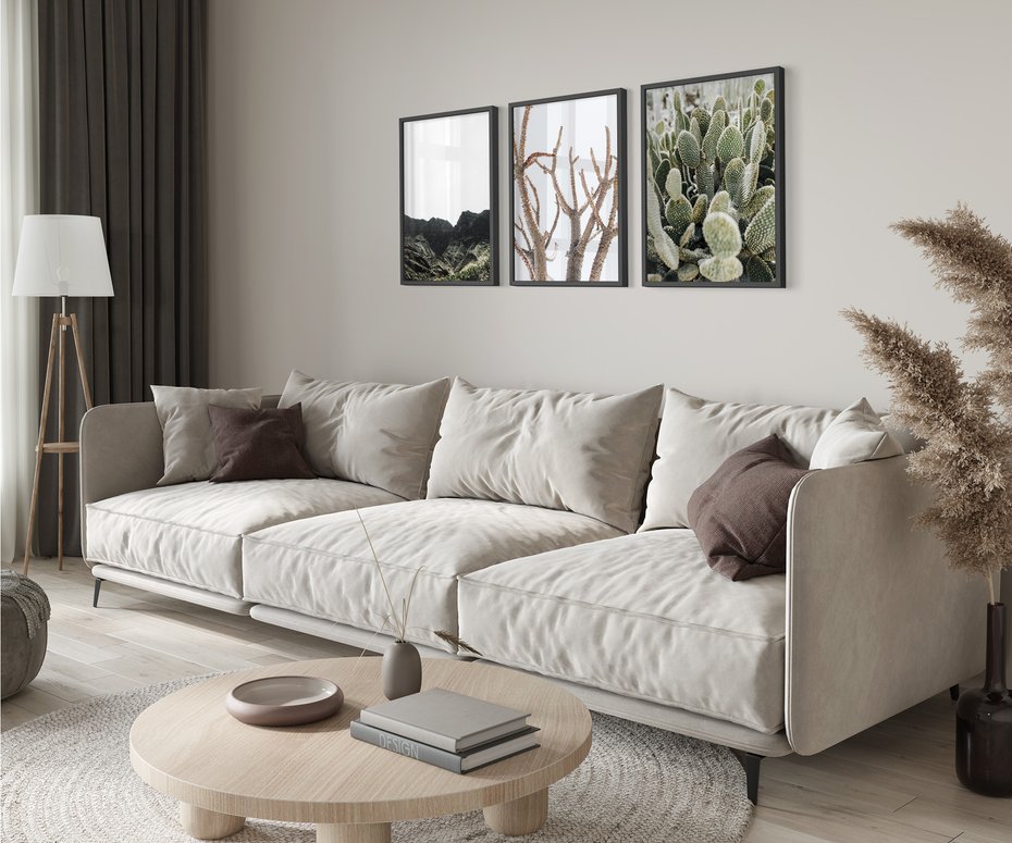 Zestaw obrazy w ramie 50x70 galeria - Pustynia, kaktusy, zieleń, boho - rama czarna