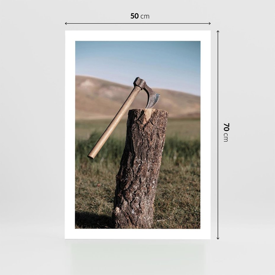 Plakat bez ramy 50x70 - Rustykalna Praktyczność: Fotografia Siekiery - rustykalna fotografia, siekiera wbita w pieniek