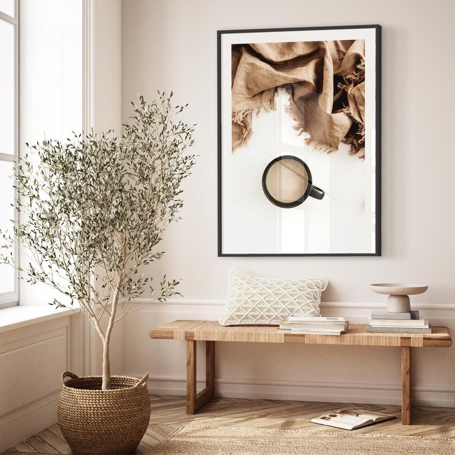 Plakat bez ramy 21x30 - Kompozycja z Brązowym Kocem i Czarną Kawą - kompozycja, brązowy koc