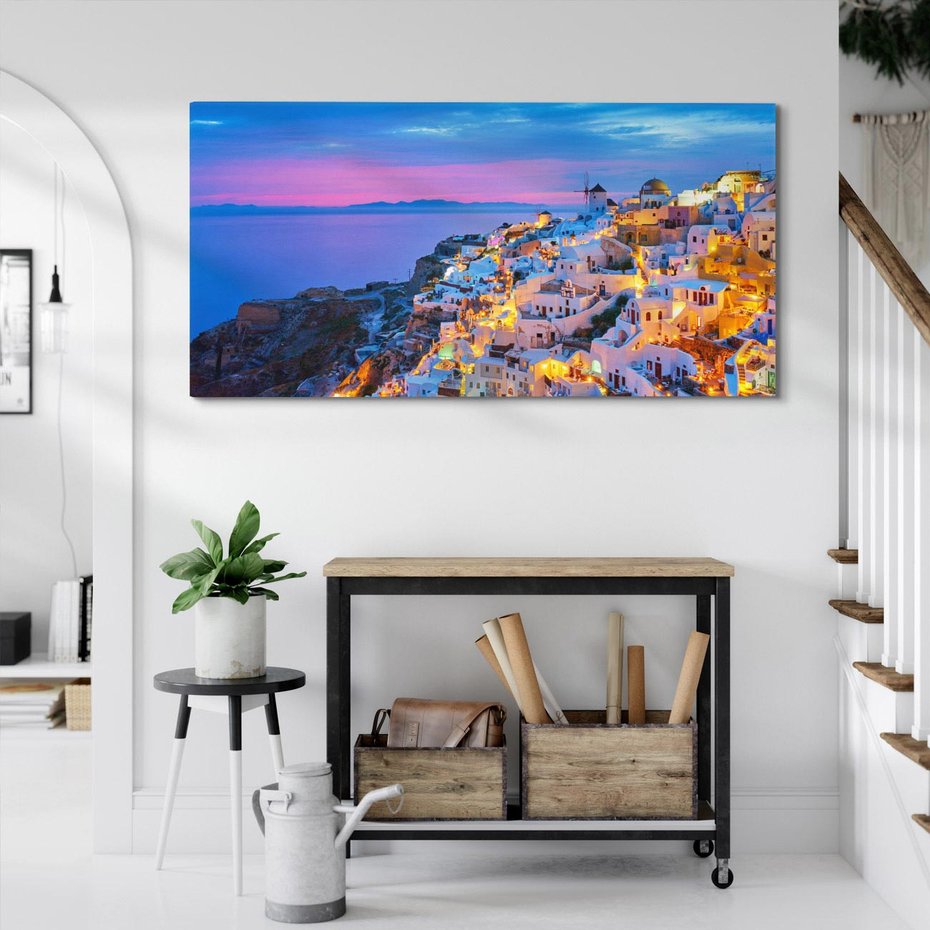 Obraz na płótnie 140x70 - Wyblakłe wspomnienia gwiazd - Santorini, wieczór