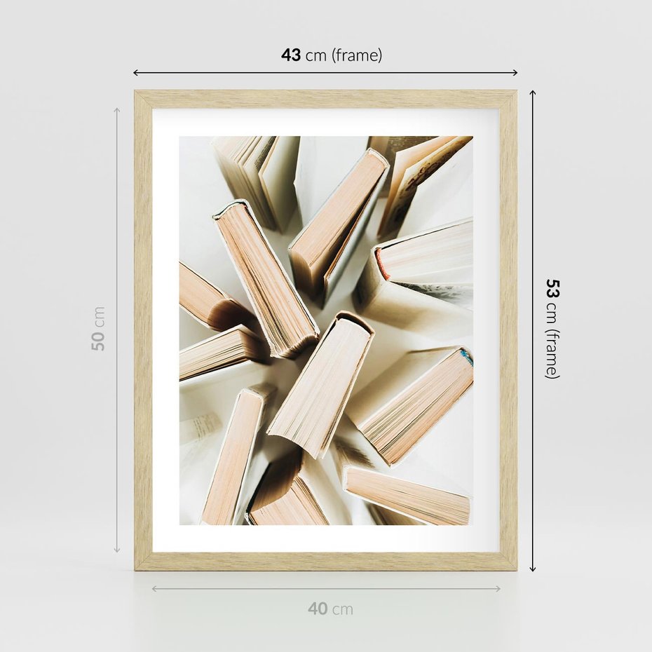 Plakat w ramie 40x50 - Odcienie Wiedzy - książki, ujęcie z góry - rama drewno