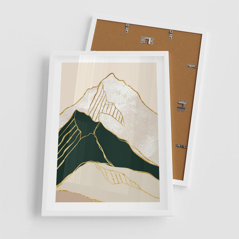 Plakat w ramie 50x70 - Minimalistyczne Góry: Złota Sztuka Natury - minimalistyczna grafika, góry - rama biała
