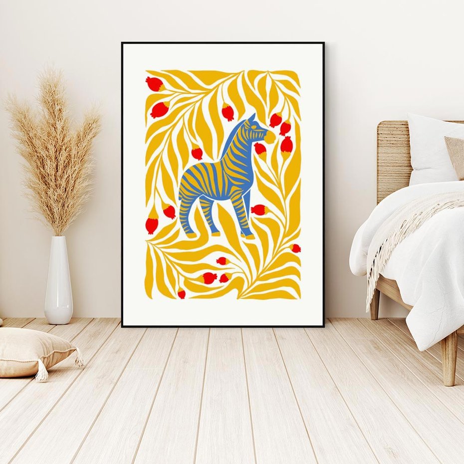 Obraz w ramie 50x70 - Zebra w Nowoczesności - abstrakcyjna nowoczesna grafika, pośrodku zebra - rama czarna
