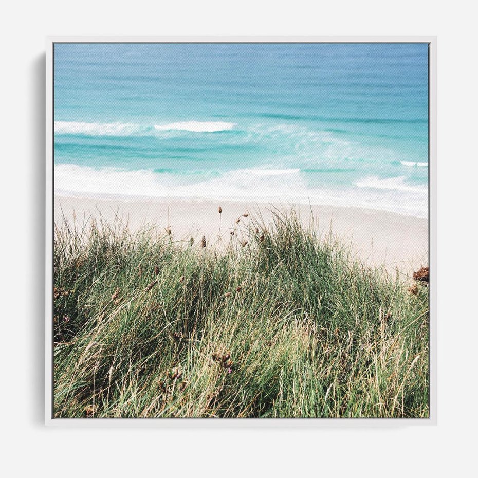 Obraz w ramie 80x80 - Harmonia Natury - widok z wydm, wydmy porośnięte trawami - rama biała