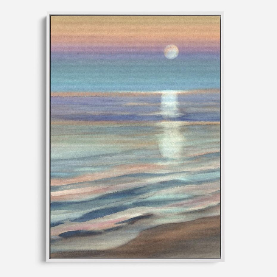 Obraz w ramie 70x100 - Witraże roziskrzonych myśli - akwarela, zamglony wschód słońca - rama biała