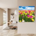 Obraz na płótnie 50x50 - tulipany na łące - kwiaty, tulipany