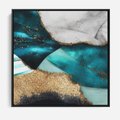 Obraz w ramie 50x50 - Rozlane Turkusy - Turkusowe plamy, złote elementy - rama czarna