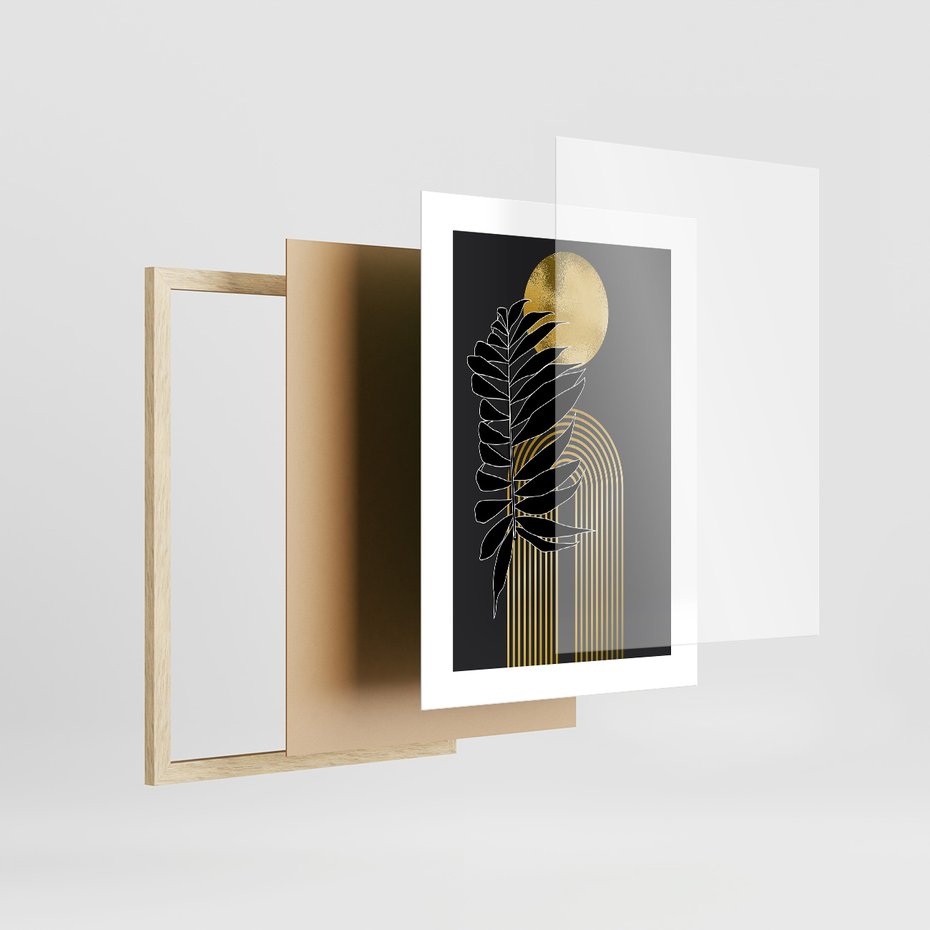 Zestaw obrazy w ramie 50x70 galeria - Złoto, liście, monstery - rama drewno