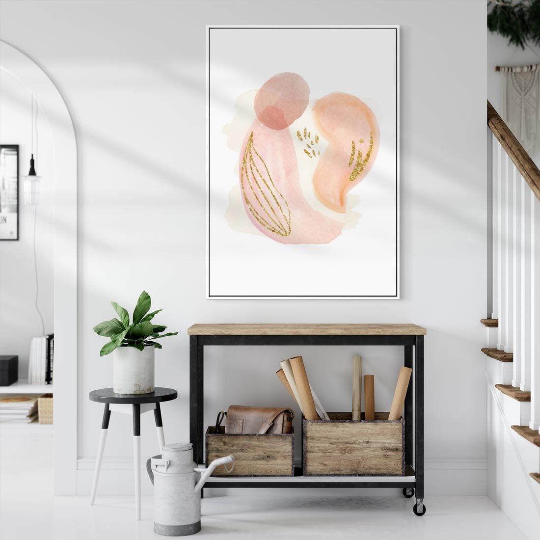 Obraz w ramie 70x100 - Impresje Przenikających Form - abstrakcyjne akwarelowe plamy, minimalizm - rama biała