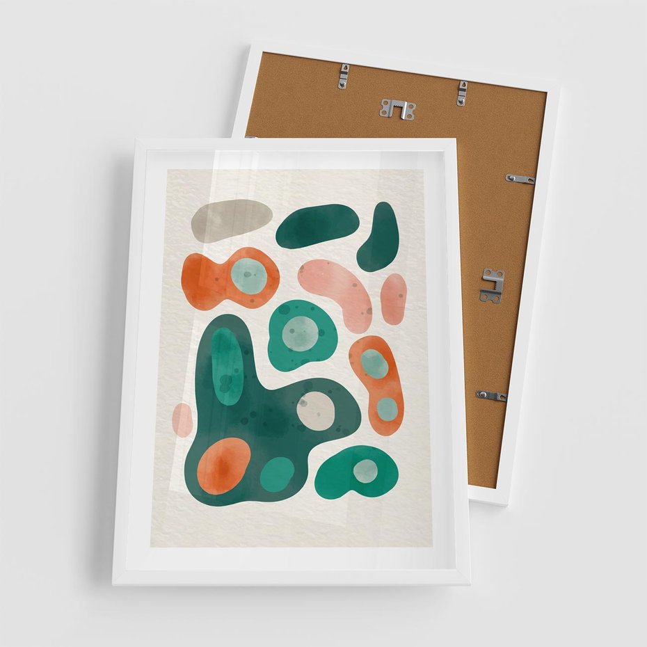 Plakat w ramie 50x70 - Kolorowe Przenikanie - przypadkowe abstrakcyjne plamy, pomarańczowy i zielony - rama biała