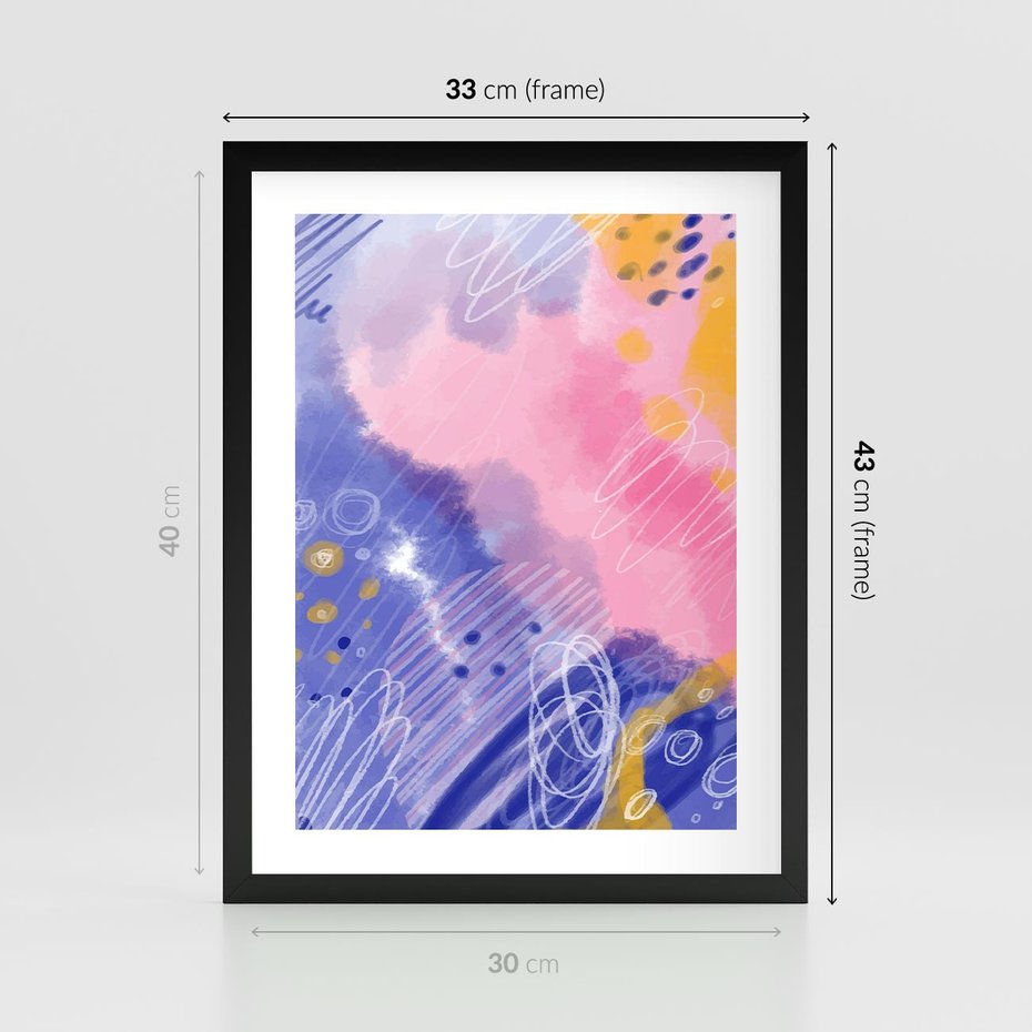 Plakat w ramie 30x40 - Migocące Granice Kształtów - abstrakcyjny plakat, pastelowe kolory - rama czarna