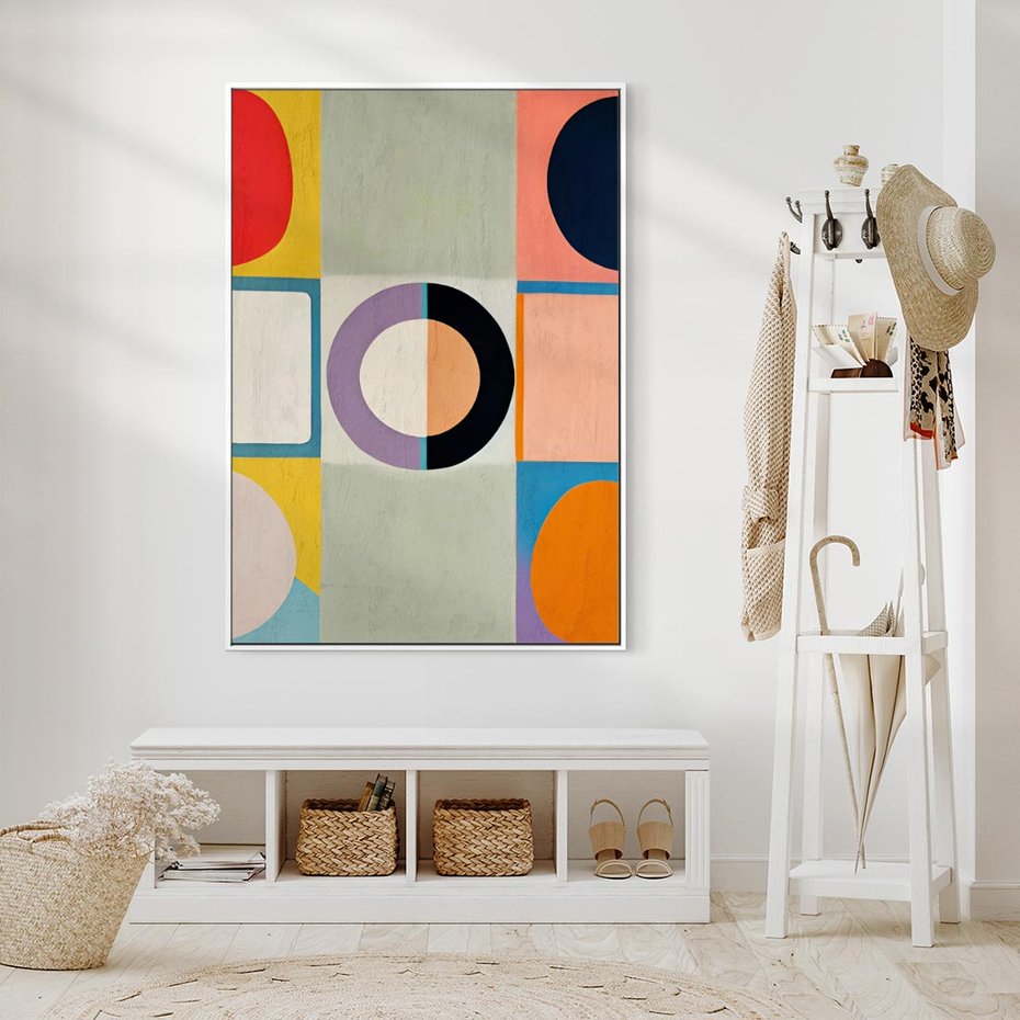 Obraz w ramie 80x120 - Taniec Kształtów Emocji - abstrakcyjne geometryczne kształty, olejny obraz - rama biała