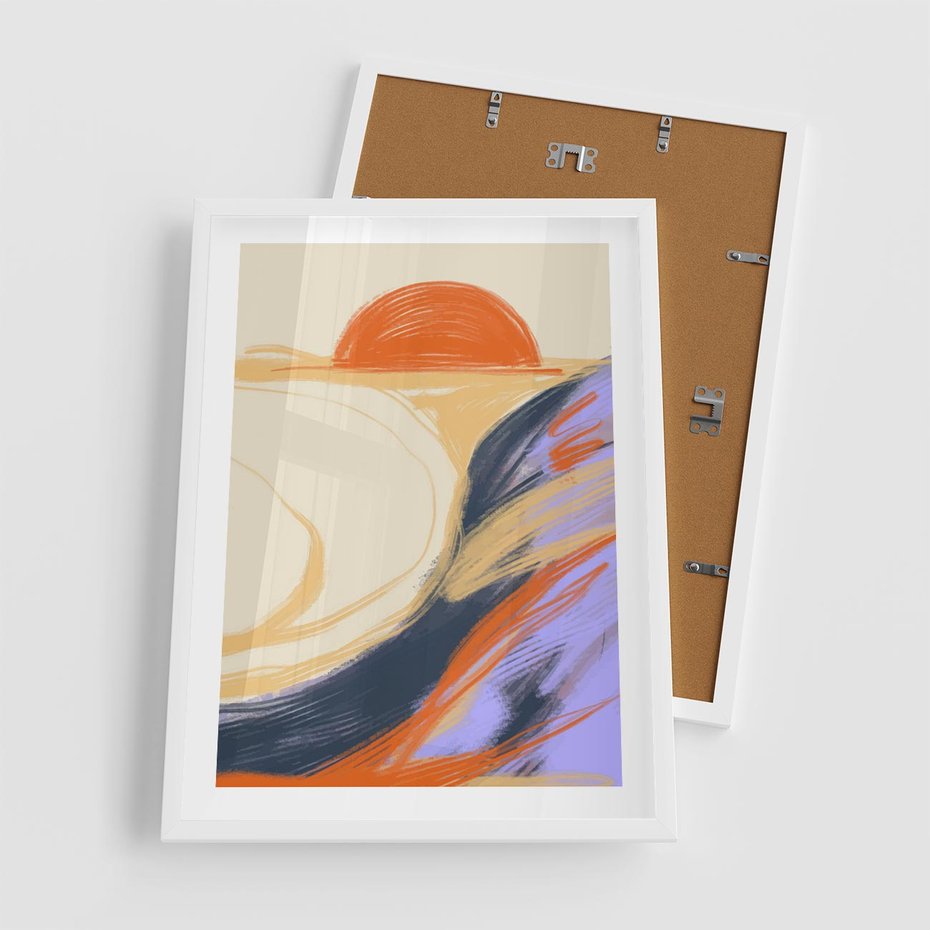 Plakat w ramie 50x70 - Pomarańczowy Horyzont - pastelowy krajobraz, nowoczesny plakat - rama biała