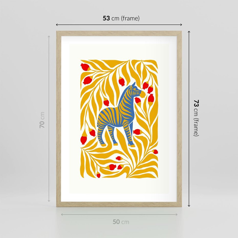 Plakat w ramie 50x70 - Zebra w Nowoczesności - abstrakcyjna nowoczesna grafika, pośrodku zebra - rama drewno
