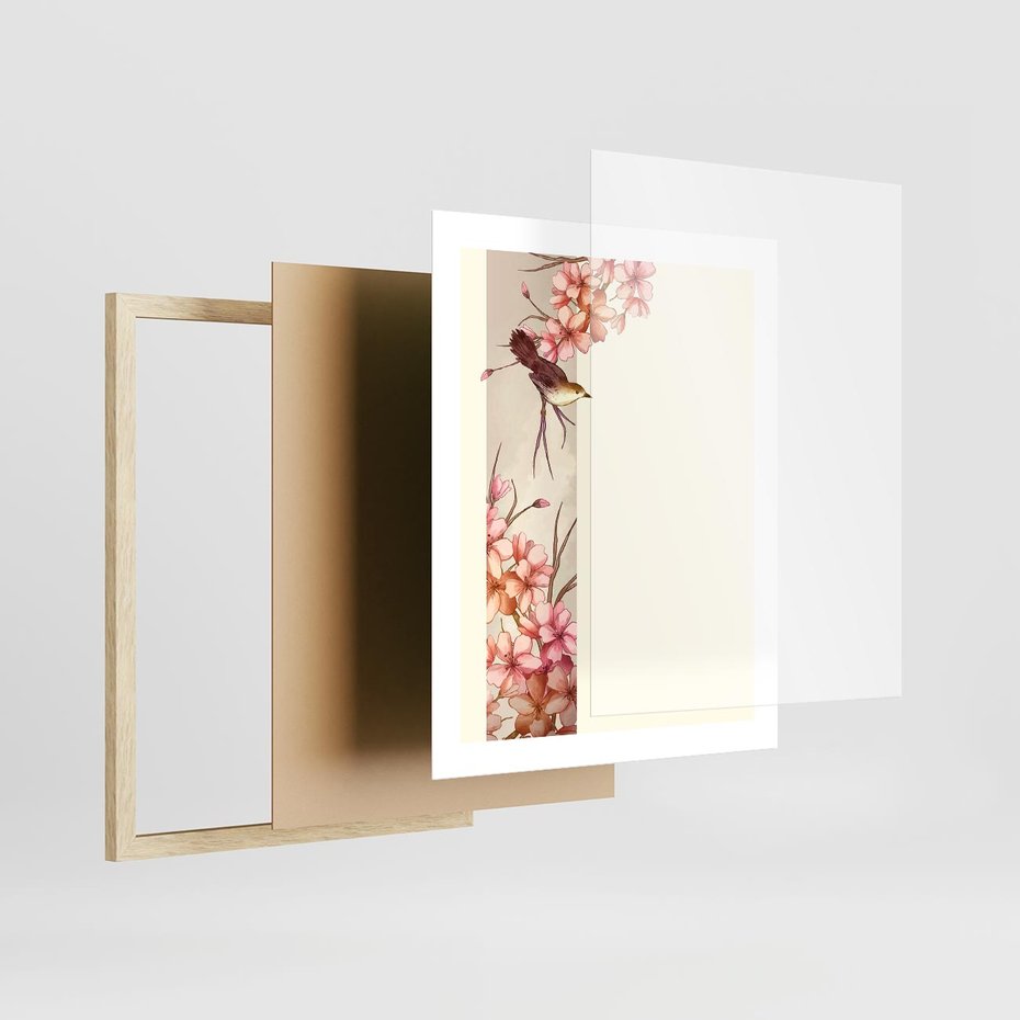Plakat w ramie 40x50 - Rozkwitające Marzenia - japońska sztuka, ptak - rama drewno