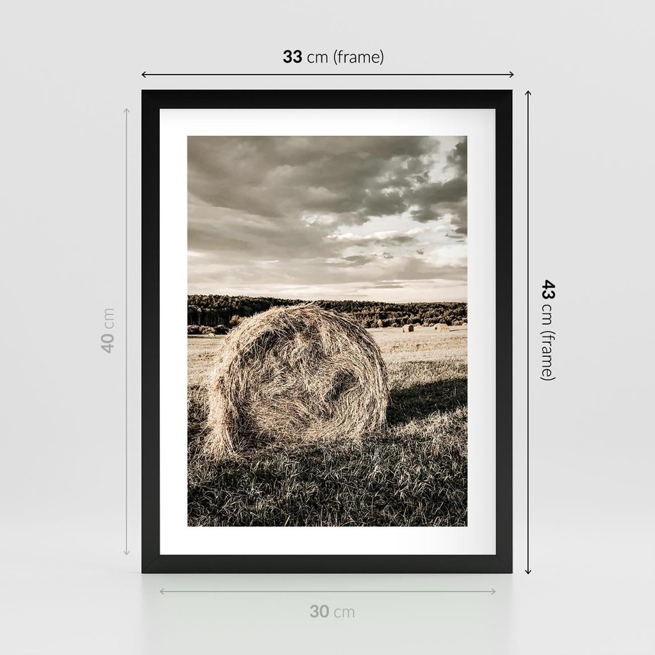 Plakat w ramie 30x40 - Ciepło Natury - snopki siana, pole - rama czarna