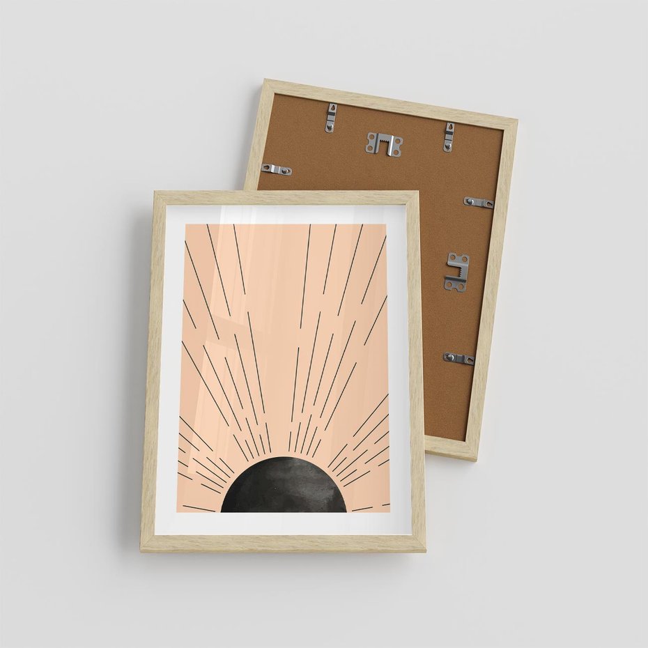 Plakat w ramie 30x40 - Migocące Kształty Promieni - boho czarne słońce, nowoczesna grafika - rama drewno