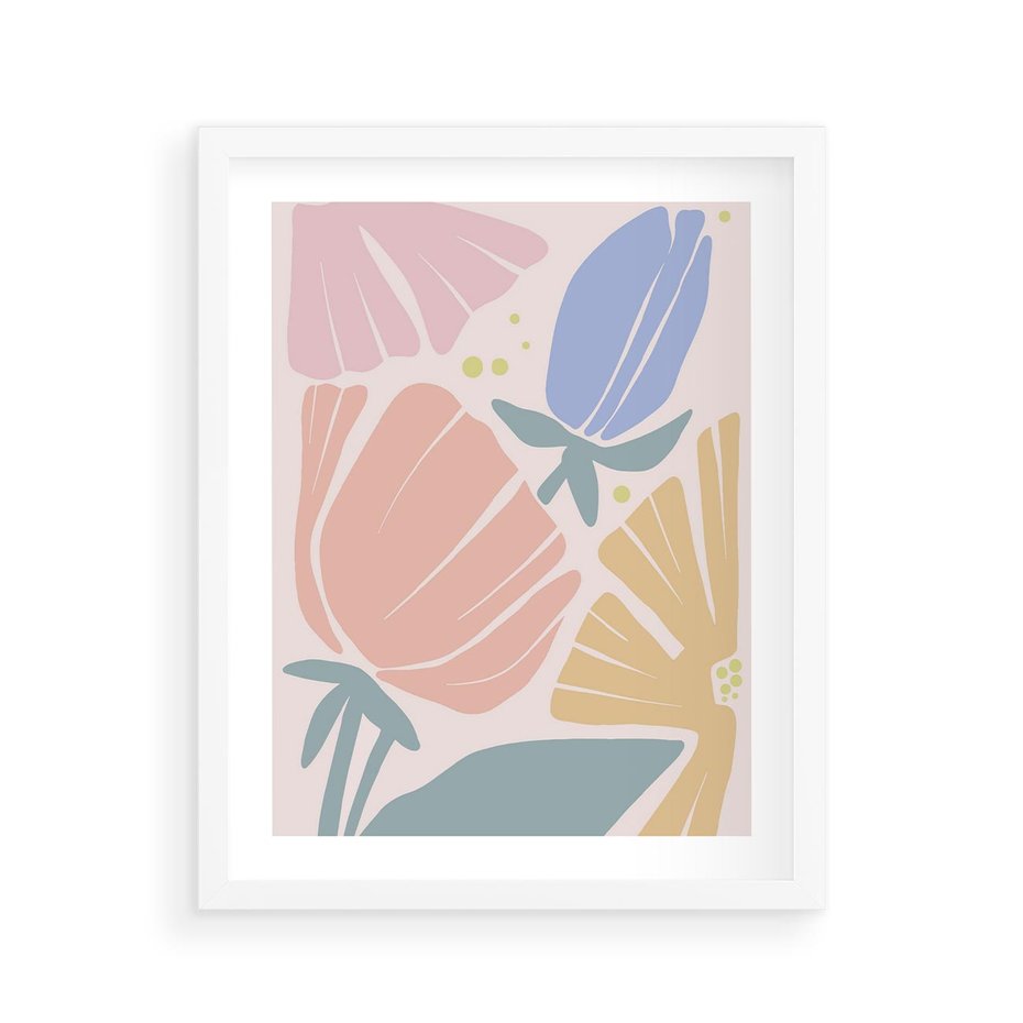 Plakat w ramie 40x50 - Rozkwitające Harmonie Natury - pastelowe kwiaty, na beżowym tle - rama biała