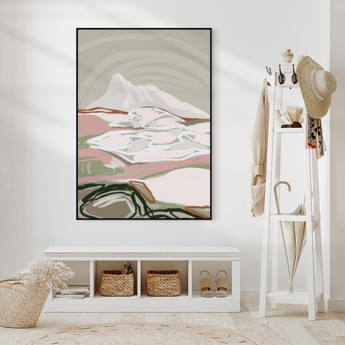 Obraz w ramie 70x100 - Szarawe Wzgórza - pastelowy krajobraz, nowoczesny plakat - rama czarna