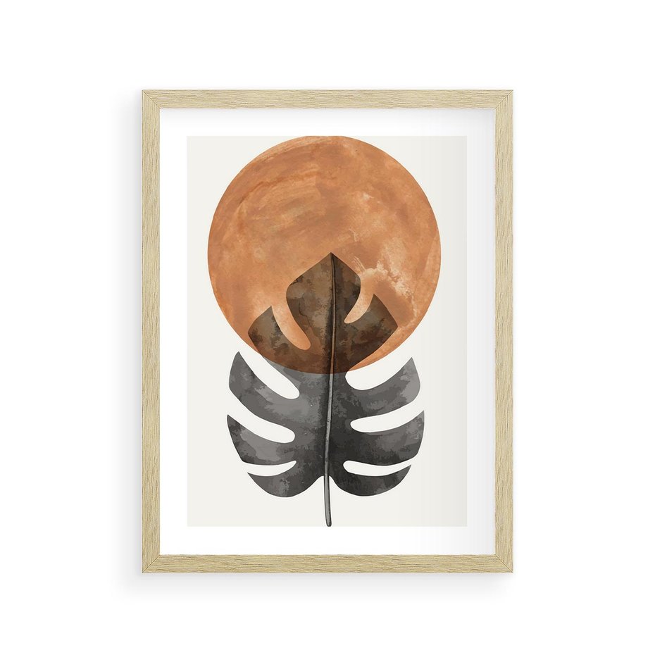 Plakat w ramie 30x40 - Natura a Sztuka - liść monstery, czarna grafika - rama drewno