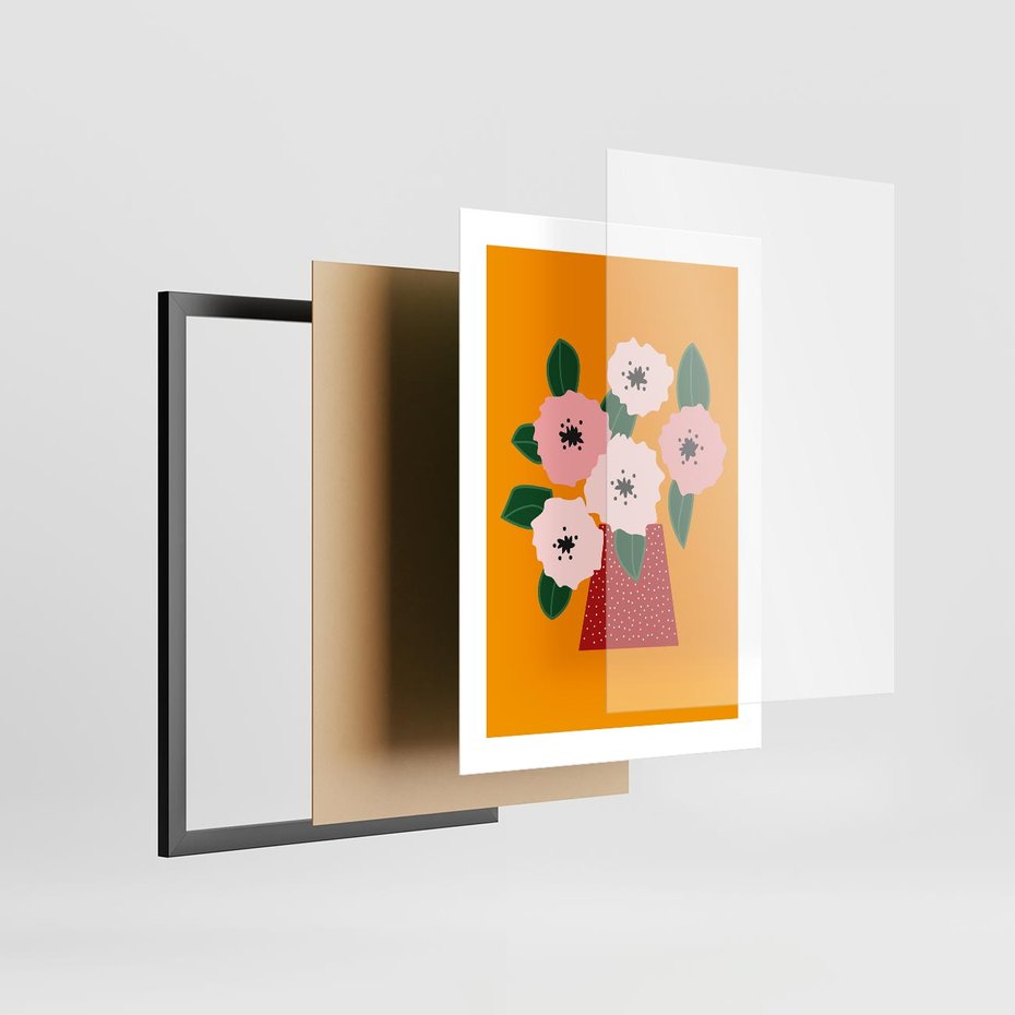 Plakat w ramie 30x40 - Harmonijne Granice - abstrakcyjne kwiaty, żółte tło - rama czarna