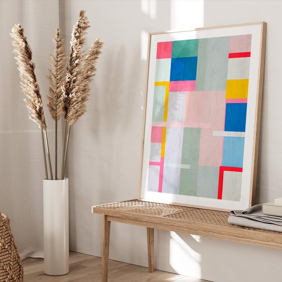 Plakat w ramie 50x70 - Rozbijające Granice Wyobraźni - abstrakcyjne geometryczne kształty, olejny obraz - rama drewno