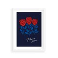 Plakat w ramie 30x40 - Podróżne Barwy - czerwone abstrakcyjne kwiaty, granatowe tło - rama biała