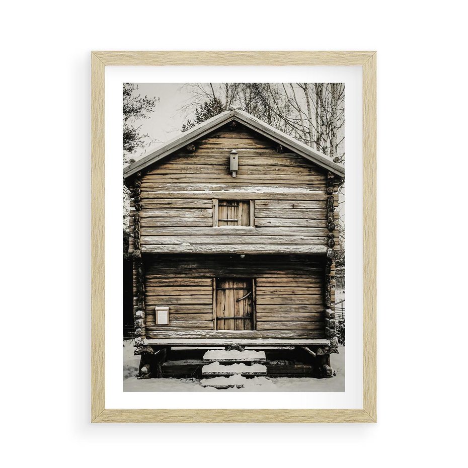 Plakat w ramie 50x70 - Stary Drewniany Dom w Śniegu - stary drewniany dom, zima - rama drewno