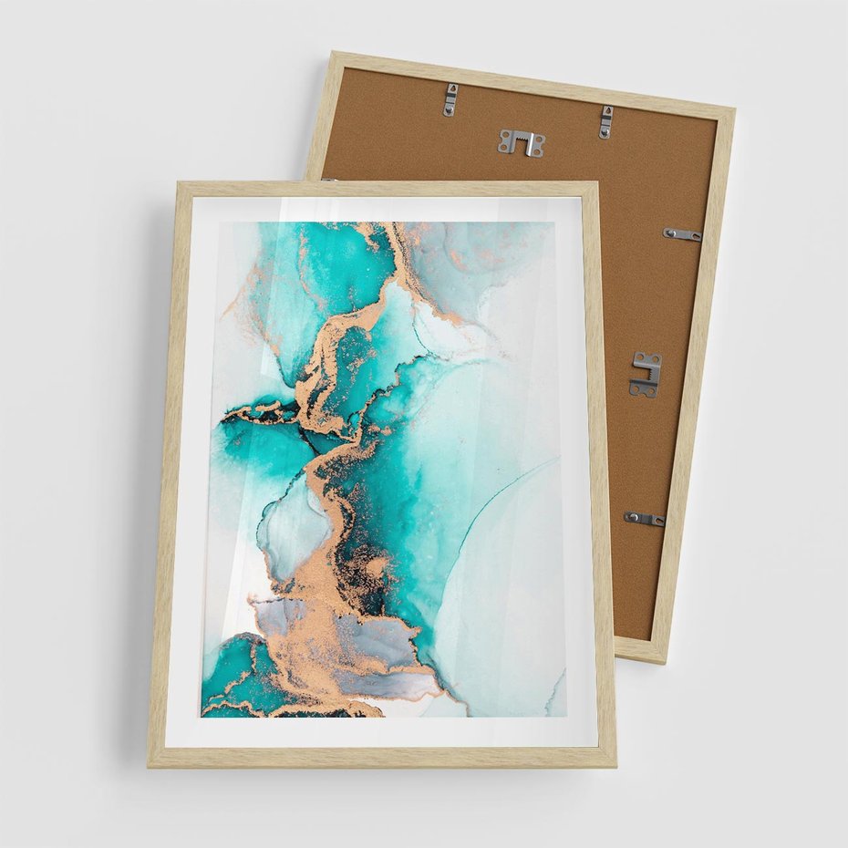 Plakat w ramie 50x70 - Elegancja i Subtelność - marmur, złoto - rama drewno