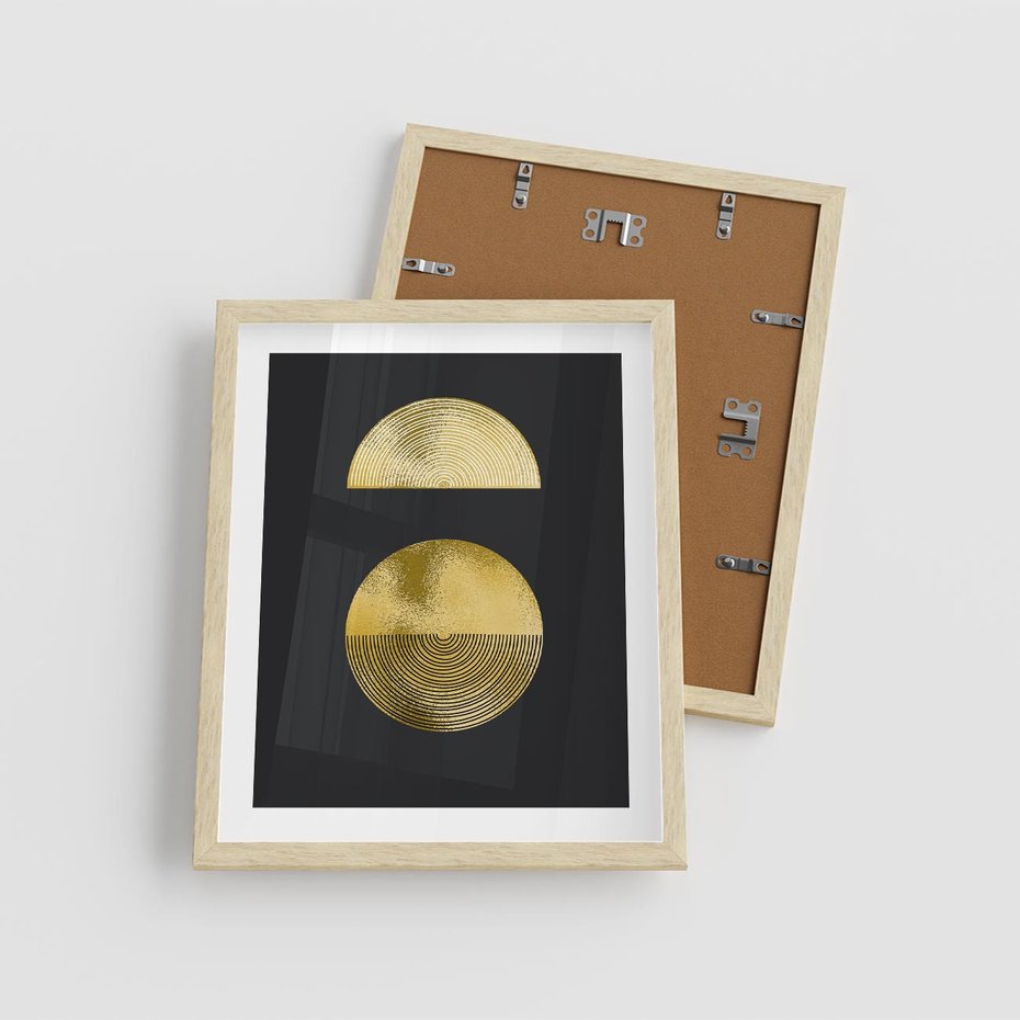 Plakat w ramie 40x50 - Migotliwe Przeniknięcia - złote koła, czarne tło - rama drewno