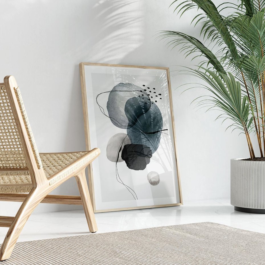 Plakat w ramie 40x50 - Wibracje Kształtów - abstrakcyjne plamy akwarelowe, czarny szkic - rama drewno