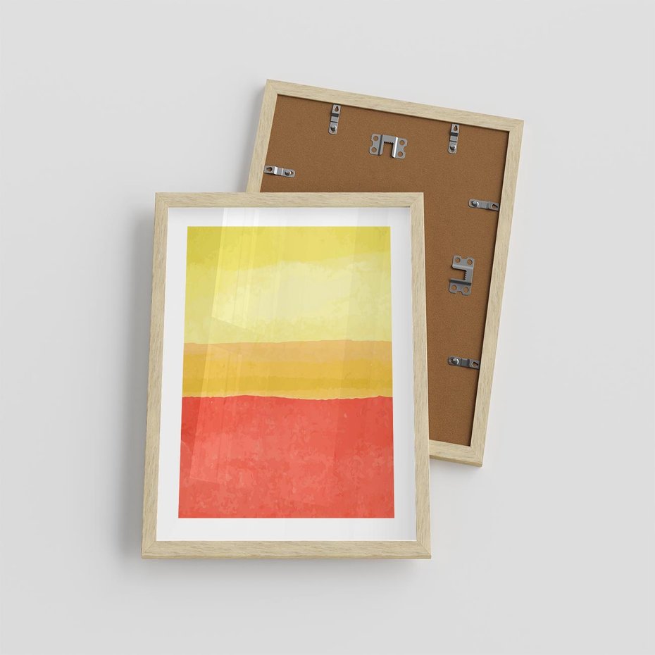 Plakat w ramie 30x40 - Rozmyte Odbicia - kolorowe akwarelowe pasy, odcienie żółci i czerwieni - rama drewno